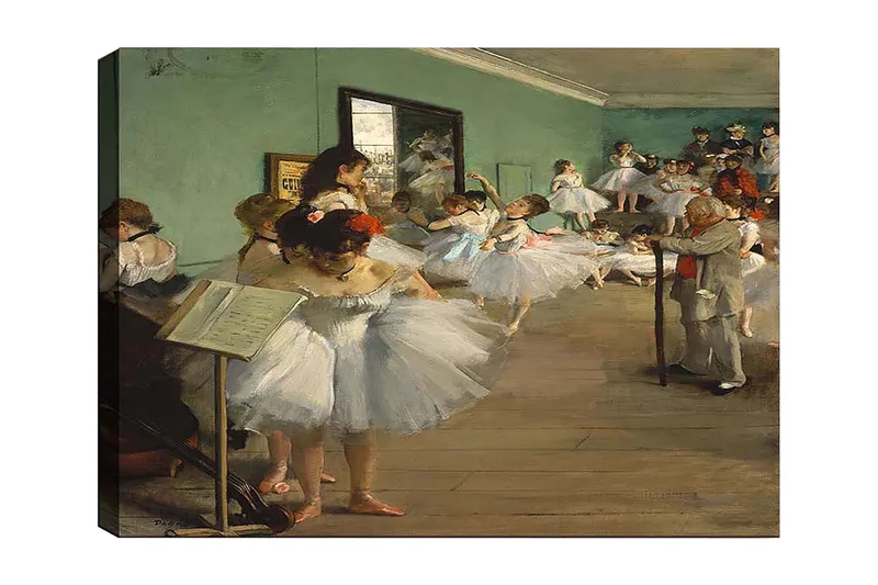 Lærred 70x100 cm - Gruppe af ballerinaer øver sig i en dansesal, Hvid / Lyseblå / Grøn