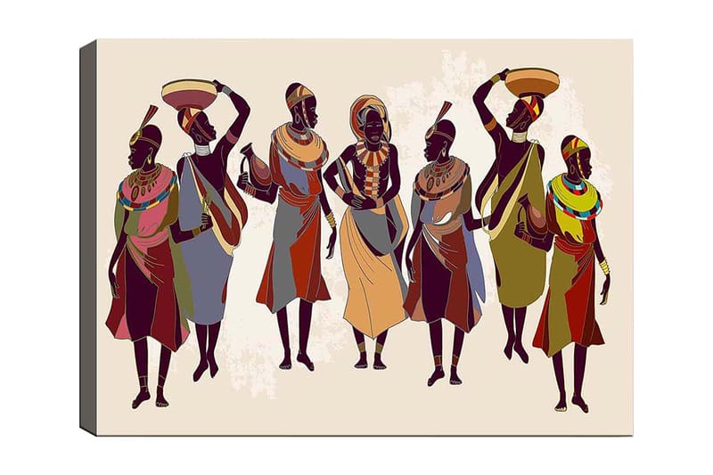 Lærred 70x100 cm - Gruppe af kvinder i traditionelt tøj, der bærer genstande på hovedet og i hænderne, Mørkebrun / Rød / Grøn