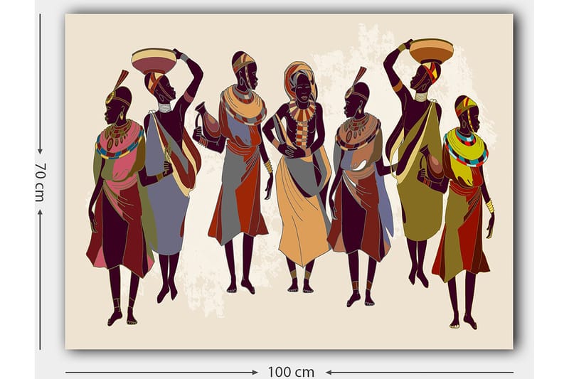 Lærred 70x100 cm - Gruppe af kvinder i traditionelt tøj, der bærer genstande på hovedet og i hænderne - Mørkebrun / Rød / Grøn - Boligtilbehør - Billeder & kunst - Billeder på lærred