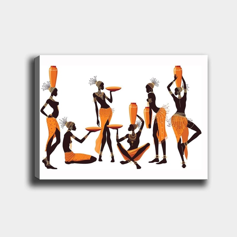 Lærred 70x100 cm - Gruppe af kvinder i traditionelt tøj, der bærer kar og tallerkener, Orange / Sort