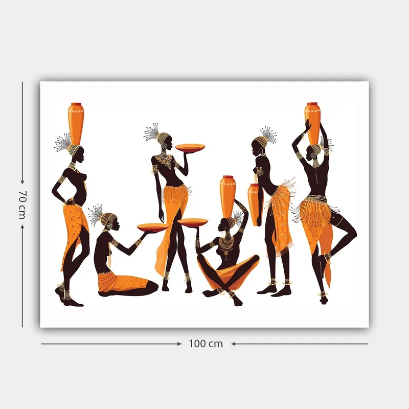 Lærred 70x100 cm - Gruppe af kvinder i traditionelt tøj, der bærer kar og tallerkener - Orange / Sort - Boligtilbehør - Billeder & kunst - Billeder på lærred
