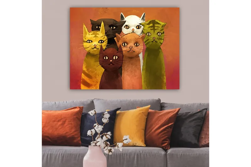 Lærred 70x100 cm - Gruppe af seks farverige katte i forskellige nuancer, der står sammen - Gul / Brun / Grøn - Boligtilbehør - Billeder & kunst - Billeder på lærred