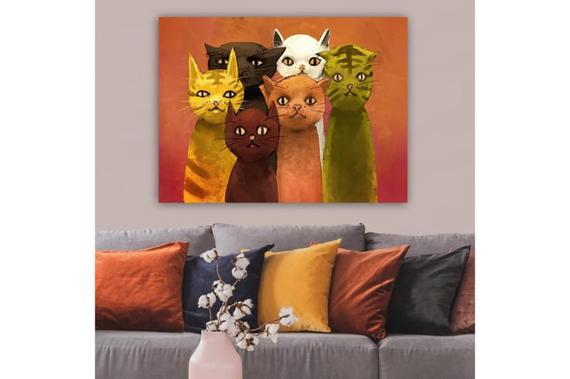 Lærred 70x100 cm - Gruppe af seks farverige katte i forskellige nuancer, der står sammen - Gul / Brun / Grøn - Boligtilbehør - Billeder & kunst - Billeder på lærred