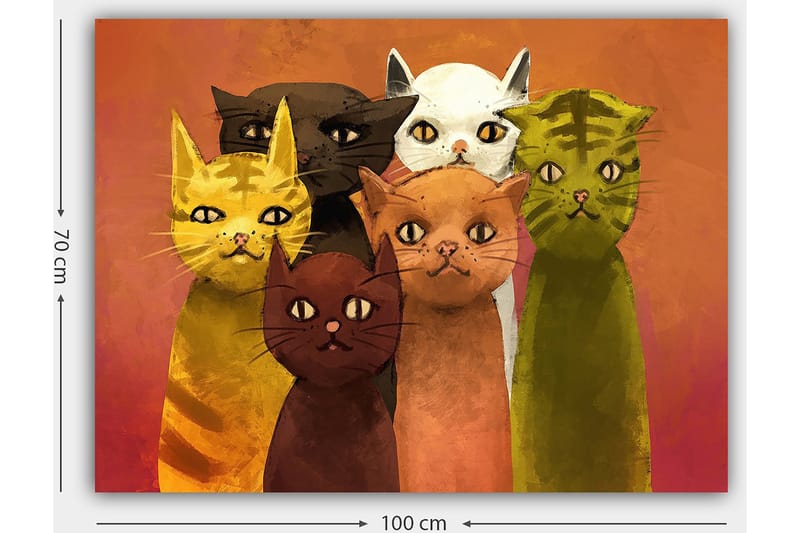 Lærred 70x100 cm - Gruppe af seks farverige katte i forskellige nuancer, der står sammen - Gul / Brun / Grøn - Boligtilbehør - Billeder & kunst - Billeder på lærred