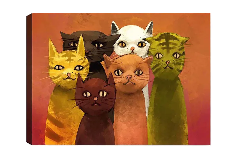 Lærred 70x100 cm - Gruppe af seks farverige katte i forskellige nuancer, der står sammen, Gul / Brun / Grøn