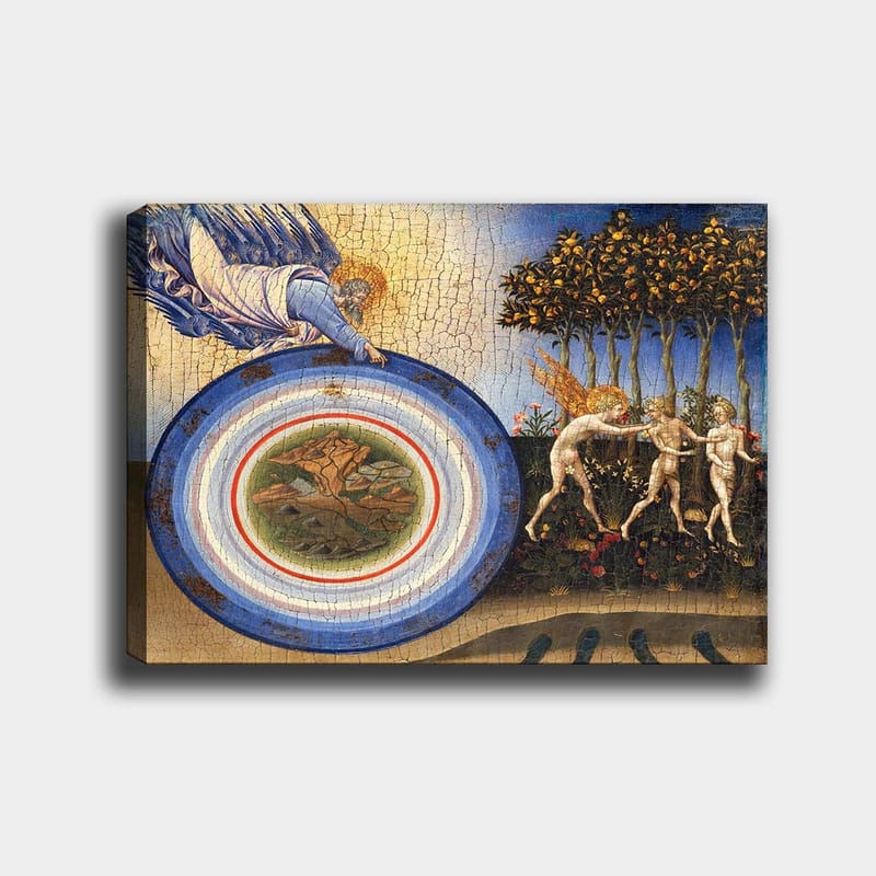 Lærred 70x100 cm - Guddommelig figur rækker ud mod en cirkel med landskabsmotiv, omgivet af engle og træer, Blå / Grøn / Beige