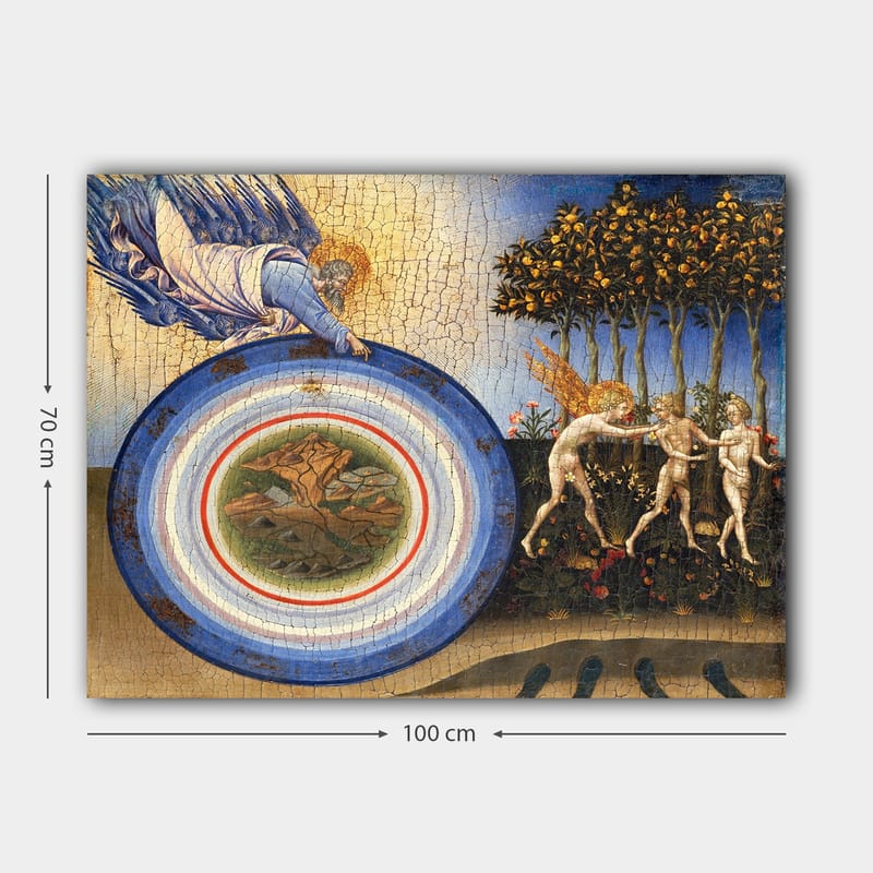 Lærred 70x100 cm - Guddommelig figur rækker ud mod en cirkel med landskabsmotiv, omgivet af engle og træer - Blå / Grøn / Beige - Boligtilbehør - Billeder & kunst - Billeder på lærred