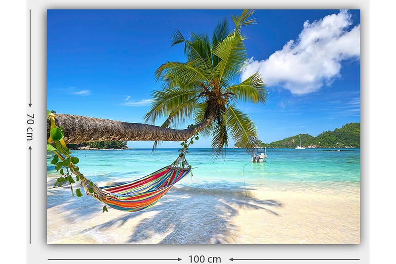 Lærred 70x100 cm - Hængekøje mellem palmer på en tropisk strand med klart blåt hav - Grøn / Blå / Beige - Boligtilbehør - Billeder & kunst - Billeder på lærred