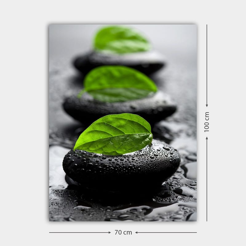 Lærred 70x100 cm - Harmonisk komposition af sorte sten med grønne blade, der symboliserer ro og balance - Sort / Grøn - Boligtilbehør - Billeder & kunst - Billeder på lærred