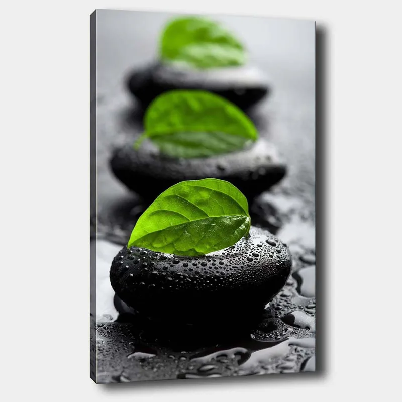 Lærred 70x100 cm - Harmonisk komposition af sorte sten med grønne blade, der symboliserer ro og balance - Sort / Grøn - Boligtilbehør - Billeder & kunst - Billeder på lærred