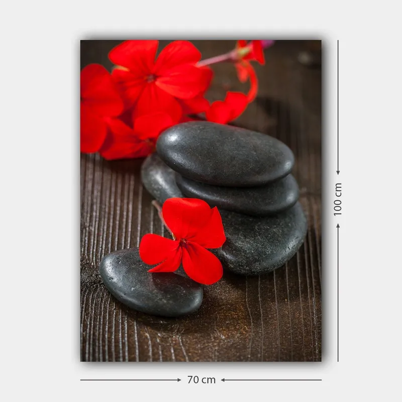 Lærred 70x100 cm - Harmonisk komposition af sorte sten og røde blomster, der skaber en kontrastfuld og rolig atmosfære - Rød / Sort - Boligtilbehør - Billeder & kunst - Billeder på lærred