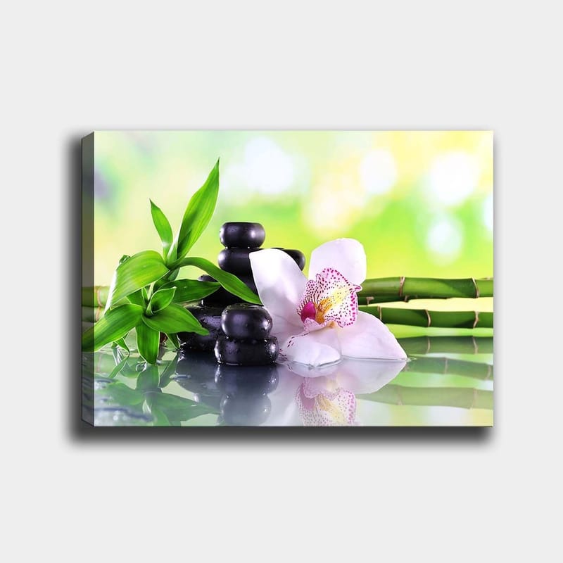 Lærred 70x100 cm - Harmonisk komposition med sorte sten, en hvid orkidé og grønne bambusskud, Sort / Grøn / Hvid