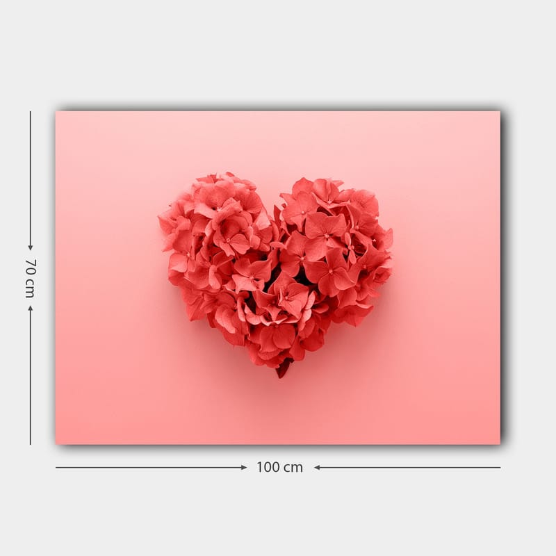 Lærred 70x100 cm - Hjerteformet blomsterkomposition i en romantisk og legende stil - Koralrød / Lys pink - Boligtilbehør - Billeder & kunst - Billeder på lærred