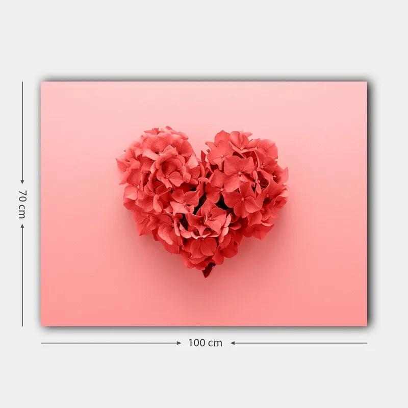 Lærred 70x100 cm - Hjerteformet blomsterkomposition i en romantisk og legende stil - Koralrød / Lys pink - Boligtilbehør - Billeder & kunst - Billeder på lærred