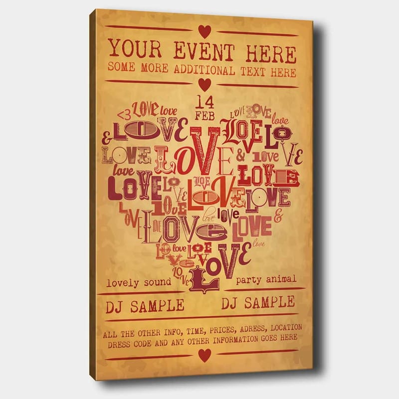 Lærred 70x100 cm - Hjerteformet komposition af ord, der udtrykker kærlighed og romantik, Rød / Mørkerød / Beige