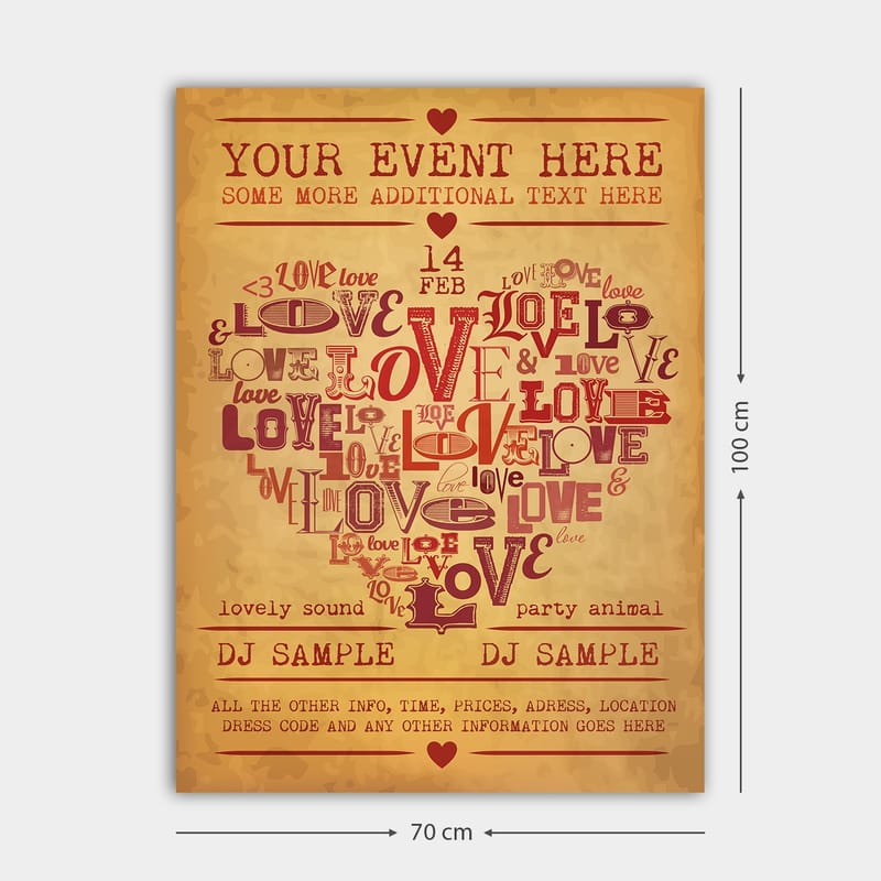Lærred 70x100 cm - Hjerteformet komposition af ord, der udtrykker kærlighed og romantik - Rød / Mørkerød / Beige - Boligtilbehør - Billeder & kunst - Billeder på lærred