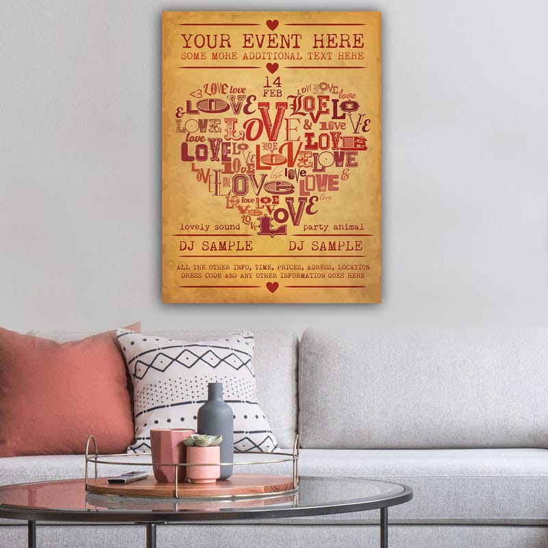 Lærred 70x100 cm - Hjerteformet komposition af ord, der udtrykker kærlighed og romantik - Rød / Mørkerød / Beige - Boligtilbehør - Billeder & kunst - Billeder på lærred