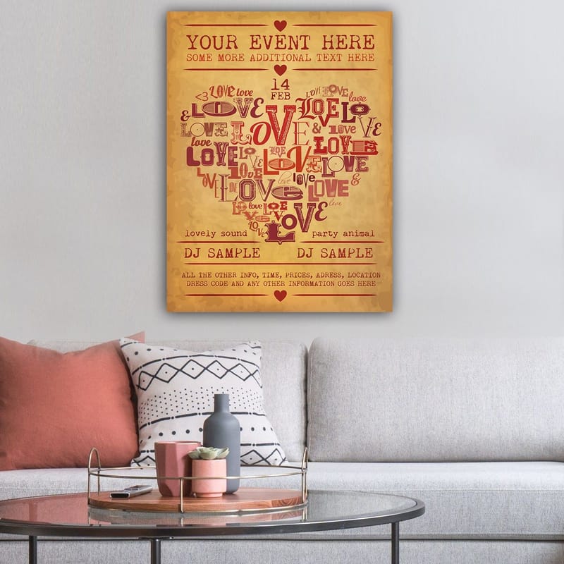 Lærred 70x100 cm - Hjerteformet komposition af ord, der udtrykker kærlighed og romantik - Rød / Mørkerød / Beige - Boligtilbehør - Billeder & kunst - Billeder på lærred