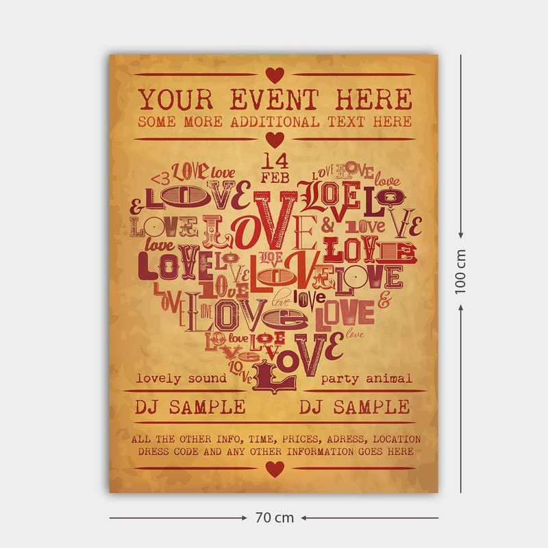 Lærred 70x100 cm - Hjerteformet komposition af ord, der udtrykker kærlighed og romantik - Rød / Mørkerød / Beige - Boligtilbehør - Billeder & kunst - Billeder på lærred
