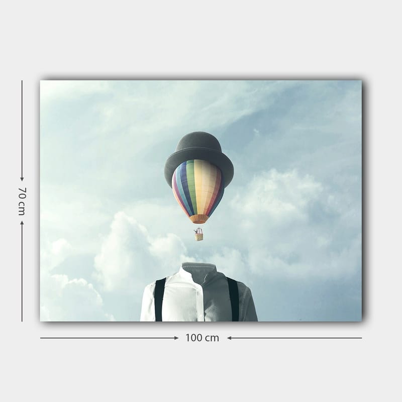 Lærred 70x100 cm - Hovedløs mand i hvid skjorte og sort hat med en farverig varmluftballon svævende over sig - Hvid / Sort / Regnbue - Boligtilbehør - Billeder & kunst - Billeder på lærred