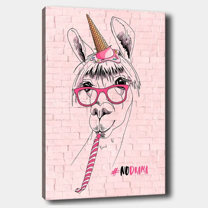 Lærred 70x100 cm - Humoristisk illustration af en lama med briller og enhjørninghat, Lyserød / Sort / Hvid