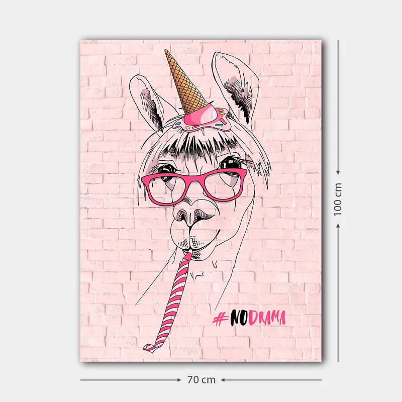 Lærred 70x100 cm - Humoristisk illustration af en lama med briller og enhjørninghat - Lyserød / Sort / Hvid - Boligtilbehør - Billeder & kunst - Billeder på lærred