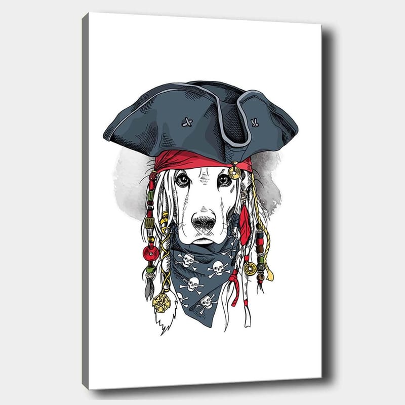 Lærred 70x100 cm - Hund klædt ud som pirat med hat og bandana, Sort / Rød / Blå