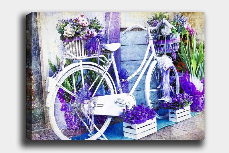 Lærred 70x100 cm - Hvid cykel dekoreret med blomster og lilla detaljer, Lilla / Hvid