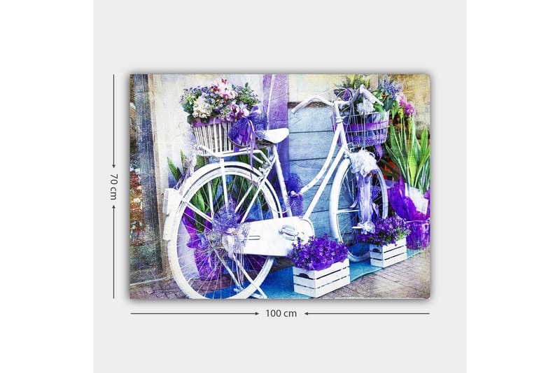 Lærred 70x100 cm - Hvid cykel dekoreret med blomster og lilla detaljer - Lilla / Hvid - Boligtilbehør - Billeder & kunst - Billeder på lærred