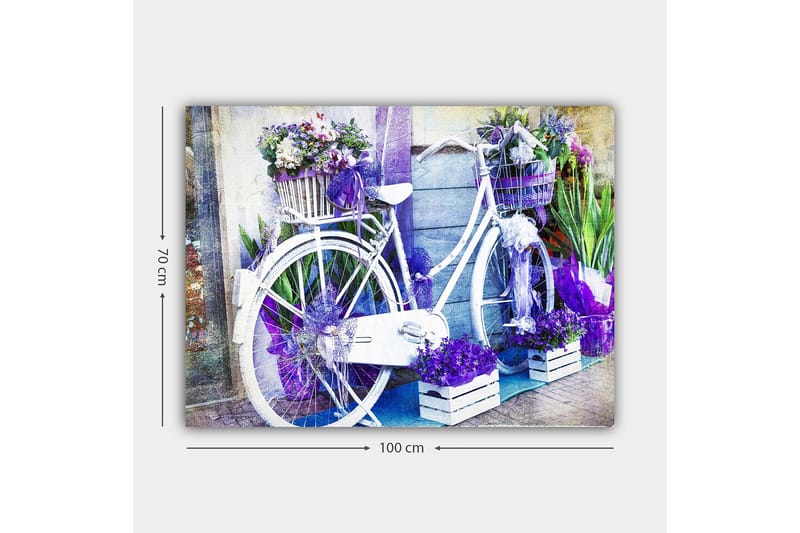 Lærred 70x100 cm - Hvid cykel dekoreret med blomster og lilla detaljer - Lilla / Hvid - Boligtilbehør - Billeder & kunst - Billeder på lærred