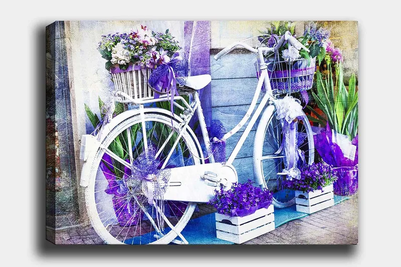 Lærred 70x100 cm - Hvid cykel dekoreret med blomster og lilla detaljer, Lilla / Hvid
