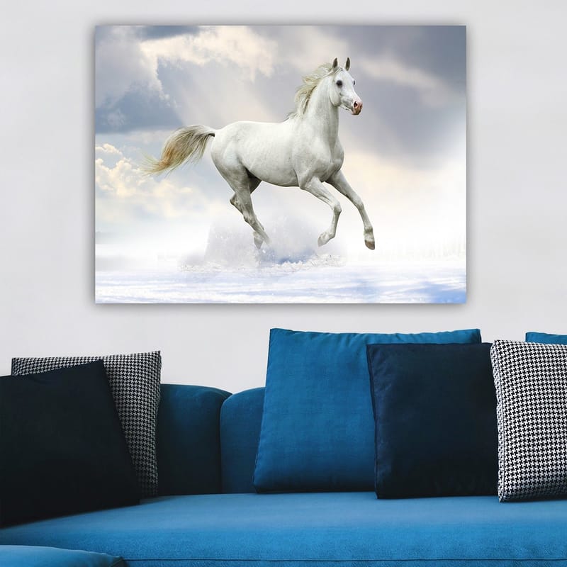 Lærred 70x100 cm - Hvid hest galoperer gennem det sneklædte landskab under en dramatisk himmel - Hvid / Lyseblå / Grå - Boligtilbehør - Billeder & kunst - Billeder på lærred