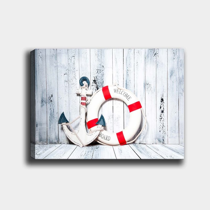 Lærred 70x100 cm - Hvid redningskrans med røde detaljer og ankerformet dekoration i maritim stil, Hvid / Rød / Blå