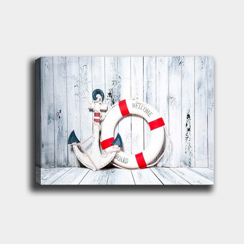 Lærred 70x100 cm - Hvid redningskrans med røde detaljer og ankerformet dekoration i maritim stil, Hvid / Rød / Blå