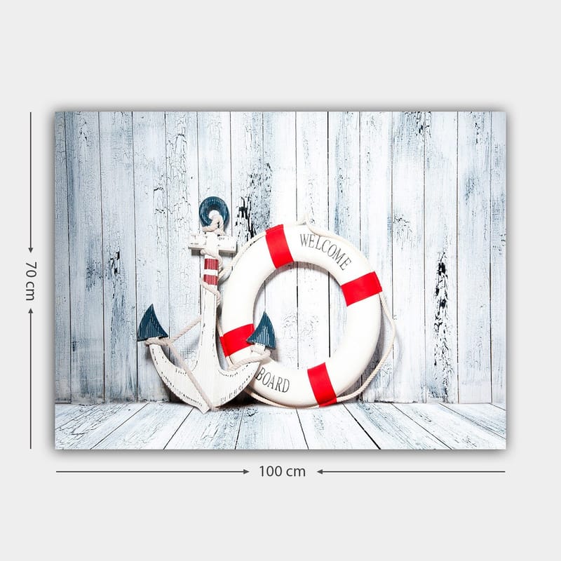 Lærred 70x100 cm - Hvid redningskrans med røde detaljer og ankerformet dekoration i maritim stil - Hvid / Rød / Blå - Boligtilbehør - Billeder & kunst - Billeder på lærred