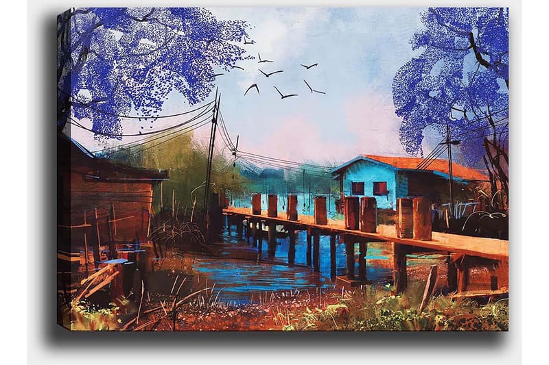 Lærred 70x100 cm - Idyllisk landskabsmaleri med en mole, der strækker sig over en rolig vandoverflade, omgivet af farverige huse og træer i lilla nuancer - Lilla / Blå / Brun - Boligtilbehør - Billeder & kunst - Billeder på lærred