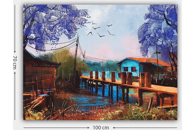 Lærred 70x100 cm - Idyllisk landskabsmaleri med en mole, der strækker sig over en rolig vandoverflade, omgivet af farverige huse og træer i lilla nuancer - Lilla / Blå / Brun - Boligtilbehør - Billeder & kunst - Billeder på lærred