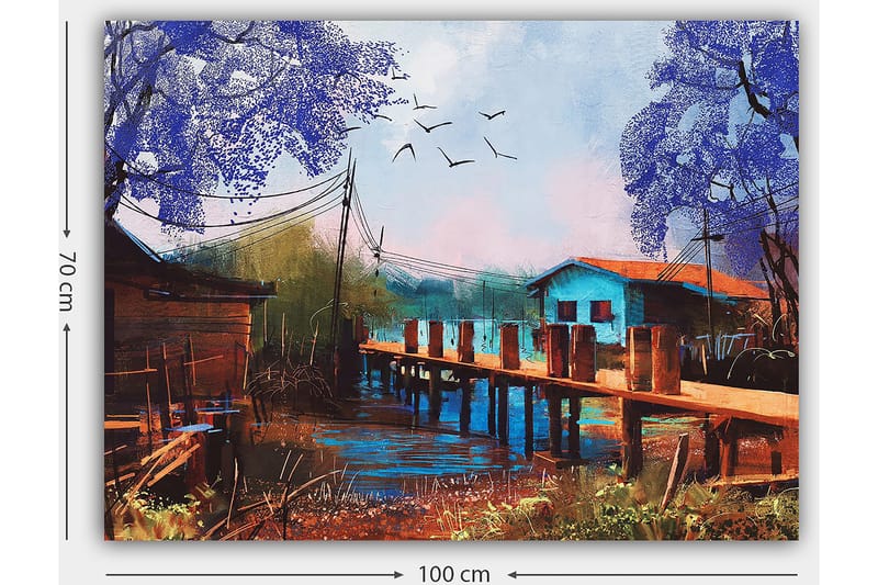 Lærred 70x100 cm - Idyllisk landskabsmaleri med en mole, der strækker sig over en rolig vandoverflade, omgivet af farverige huse og træer i lilla nuancer - Lilla / Blå / Brun - Boligtilbehør - Billeder & kunst - Billeder på lærred