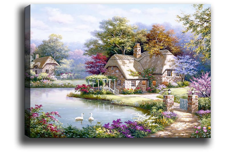 Lærred 70x100 cm - Idyllisk landskabsmaleri med maleriske hytter ved en sø omgivet af blomstrende træer og buske - Grøn / Lyserød / Blå - Boligtilbehør - Billeder & kunst - Billeder på lærred