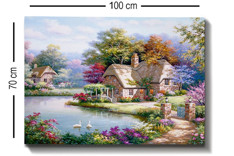 Lærred 70x100 cm - Idyllisk landskabsmaleri med maleriske hytter ved en sø omgivet af blomstrende træer og buske - Grøn / Lyserød / Blå - Boligtilbehør - Billeder & kunst - Billeder på lærred