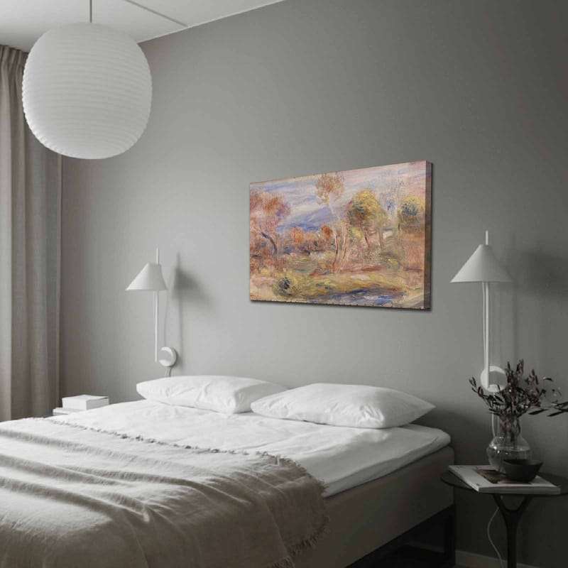 Lærred 70x100 cm - Idyllisk landskabsmaleri med træer og en spejlblank sø i forgrunden, Lysegrøn / Beige / Lyseblå