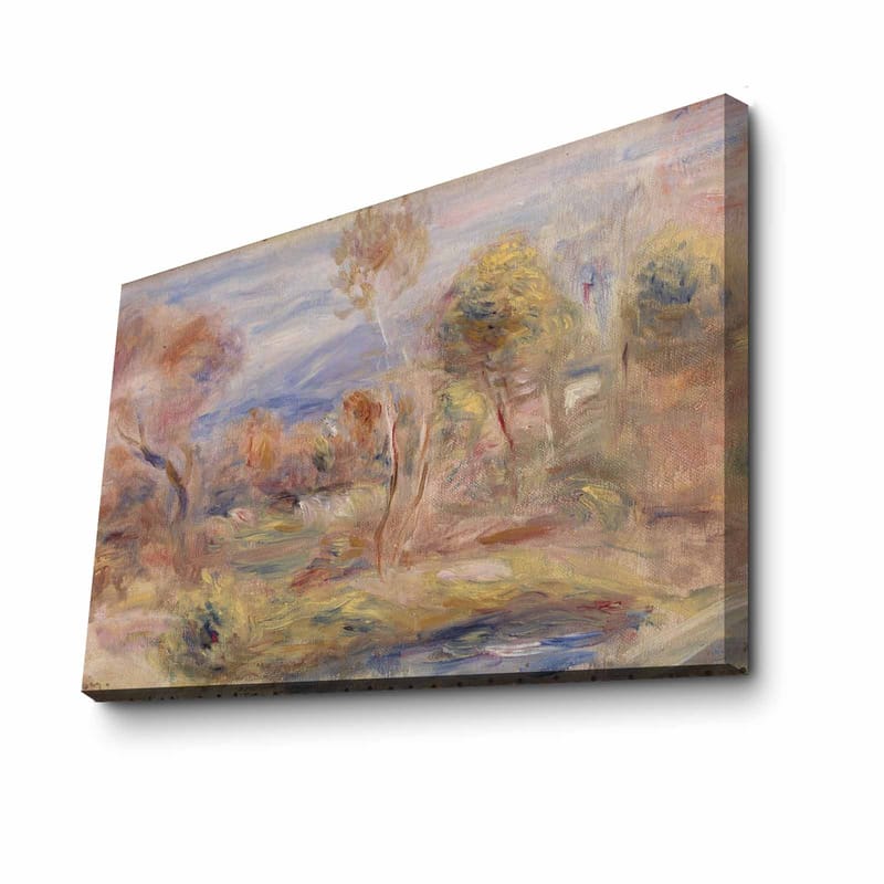 Lærred 70x100 cm - Idyllisk landskabsmaleri med træer og en spejlblank sø i forgrunden - Lysegrøn / Beige / Lyseblå - Boligtilbehør - Billeder & kunst - Billeder på lærred