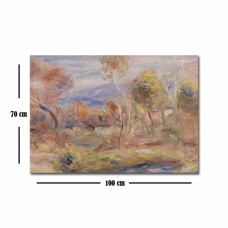 Lærred 70x100 cm - Idyllisk landskabsmaleri med træer og en spejlblank sø i forgrunden - Lysegrøn / Beige / Lyseblå - Boligtilbehør - Billeder & kunst - Billeder på lærred