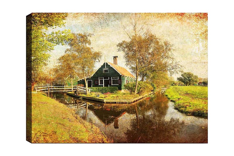Lærred 70x100 cm - Idyllisk landskabsudsigt med et traditionelt hus ved en kanal omgivet af træer og grønne områder, Grøn / Brun / Orange