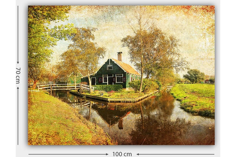 Lærred 70x100 cm - Idyllisk landskabsudsigt med et traditionelt hus ved en kanal omgivet af træer og grønne områder - Grøn / Brun / Orange - Boligtilbehør - Billeder & kunst - Billeder på lærred