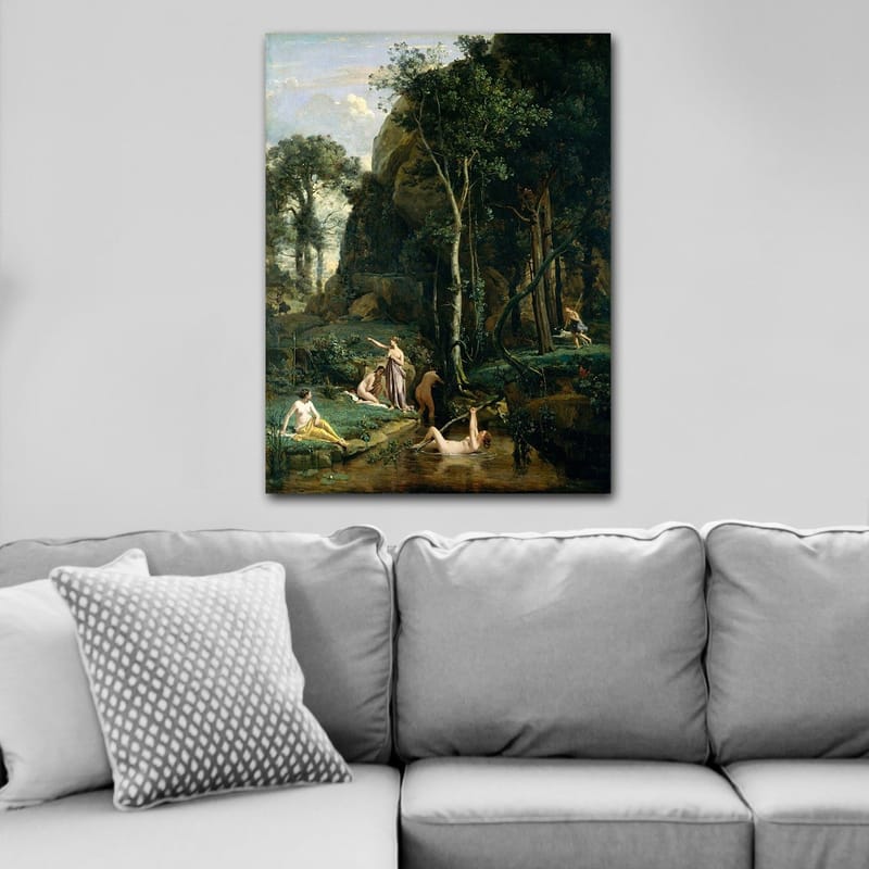 Lærred 70x100 cm - Idyllisk scene med nøgne figurer, der interagerer ved et vandområde i et frodigt naturmiljø - Mørkegrøn / Lysegrøn / Beige - Boligtilbehør - Billeder & kunst - Billeder på lærred
