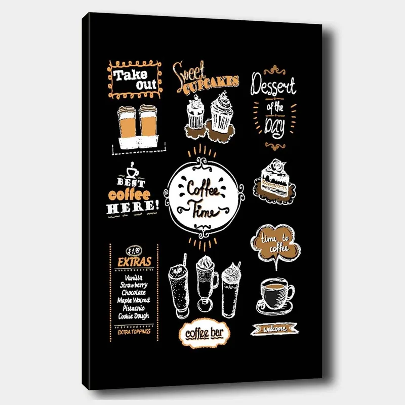 Lærred 70x100 cm - Indbydende kaffetematryk med fremhævelse af forskellige kaffedrikke og kager, Hvid / Orange / Sort