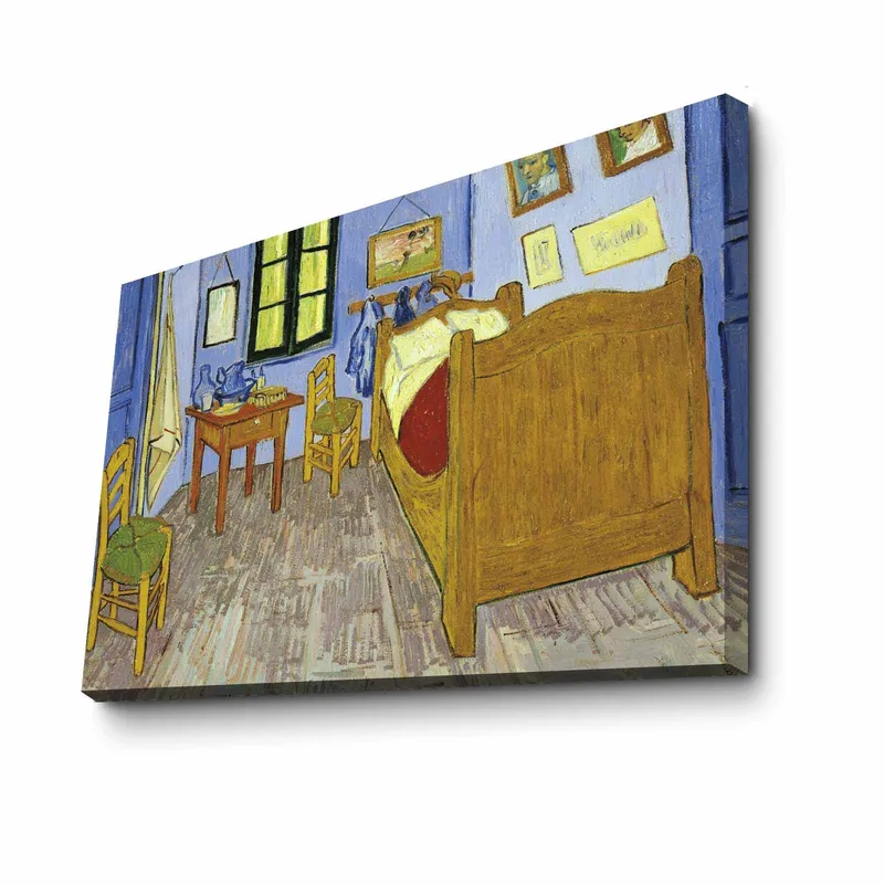 Lærred 70x100 cm - Indbydende og farverig skildring af et værelse med seng, stole og bord - Blå / Gul / Brun - Boligtilbehør - Billeder & kunst - Billeder på lærred