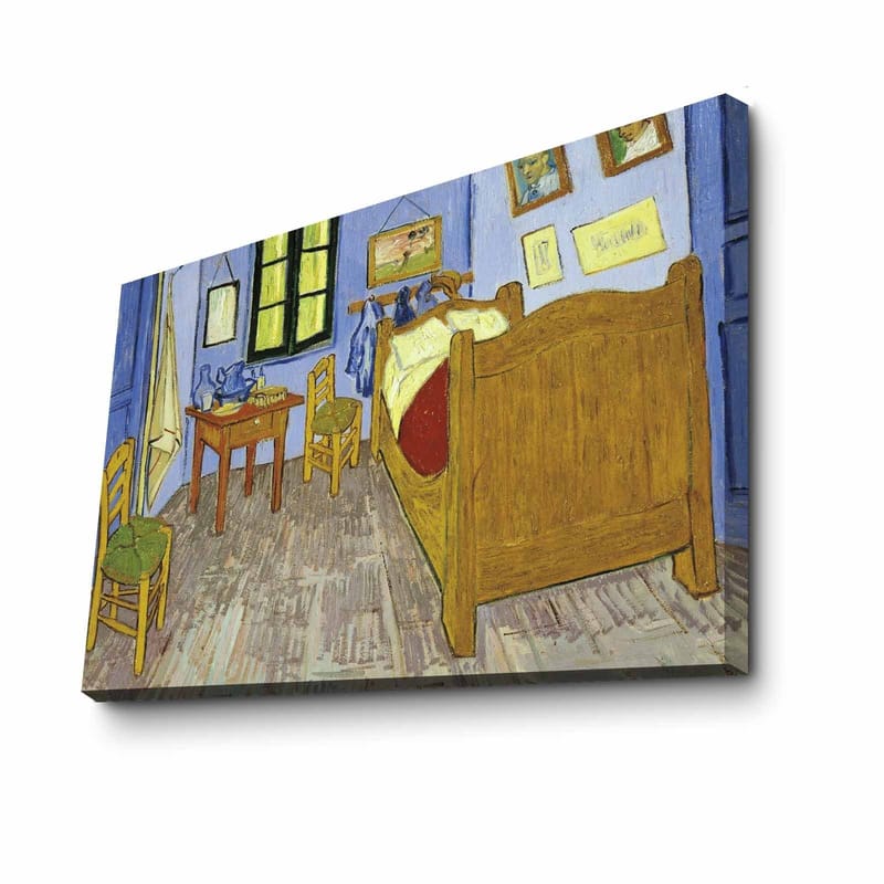 Lærred 70x100 cm - Indbydende og farverig skildring af et værelse med seng, stole og bord - Blå / Gul / Brun - Boligtilbehør - Billeder & kunst - Billeder på lærred