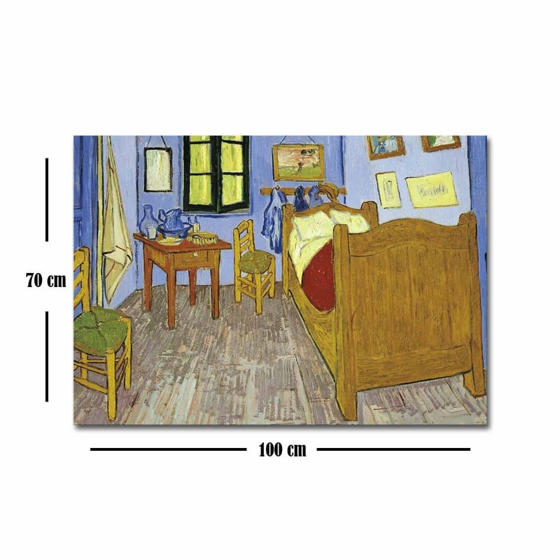 Lærred 70x100 cm - Indbydende og farverig skildring af et værelse med seng, stole og bord - Blå / Gul / Brun - Boligtilbehør - Billeder & kunst - Billeder på lærred
